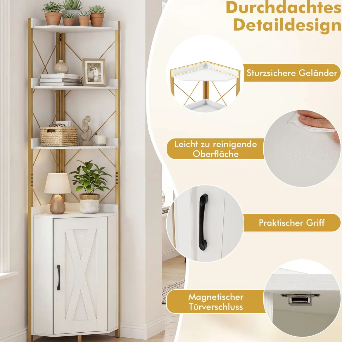 Eckregal mit Stauraum 180 cm hohes Eckschrank mit Absturzsicherungen 5-stöckiges freistehendes Bücherregal Weiß
