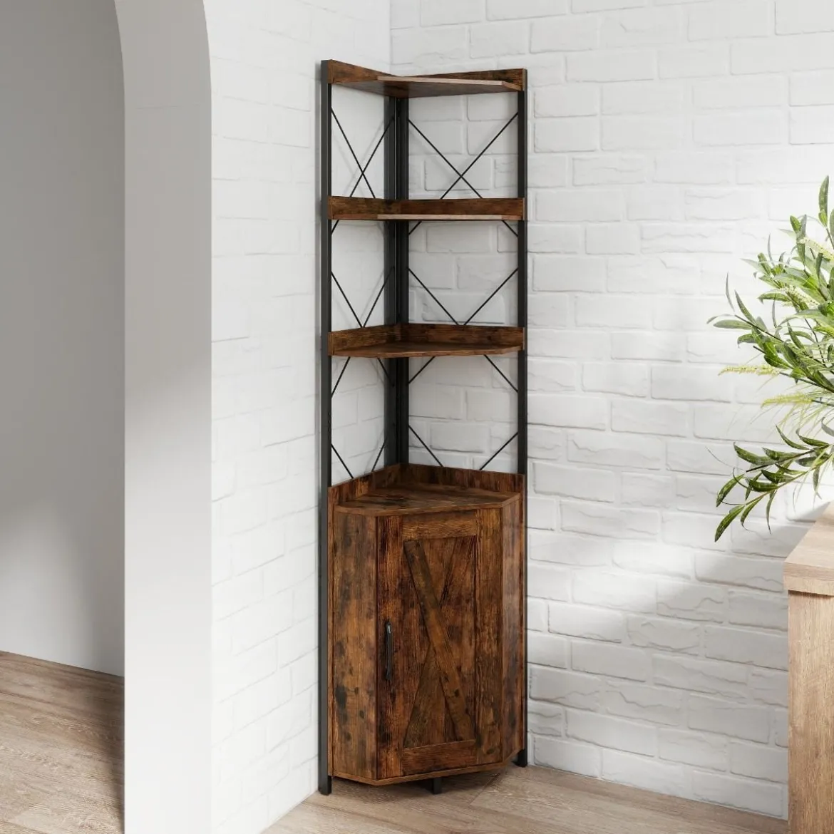Eckregal mit Stauraum 180 cm hohes Eckschrank mit Absturzsicherungen 5-stöckiges Bücherregal Rustikales Braun