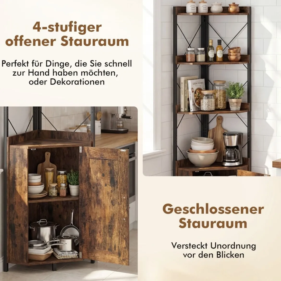 Eckregal mit Stauraum 180 cm hohes Eckschrank mit Absturzsicherungen 5-stöckiges Bücherregal Rustikales Braun