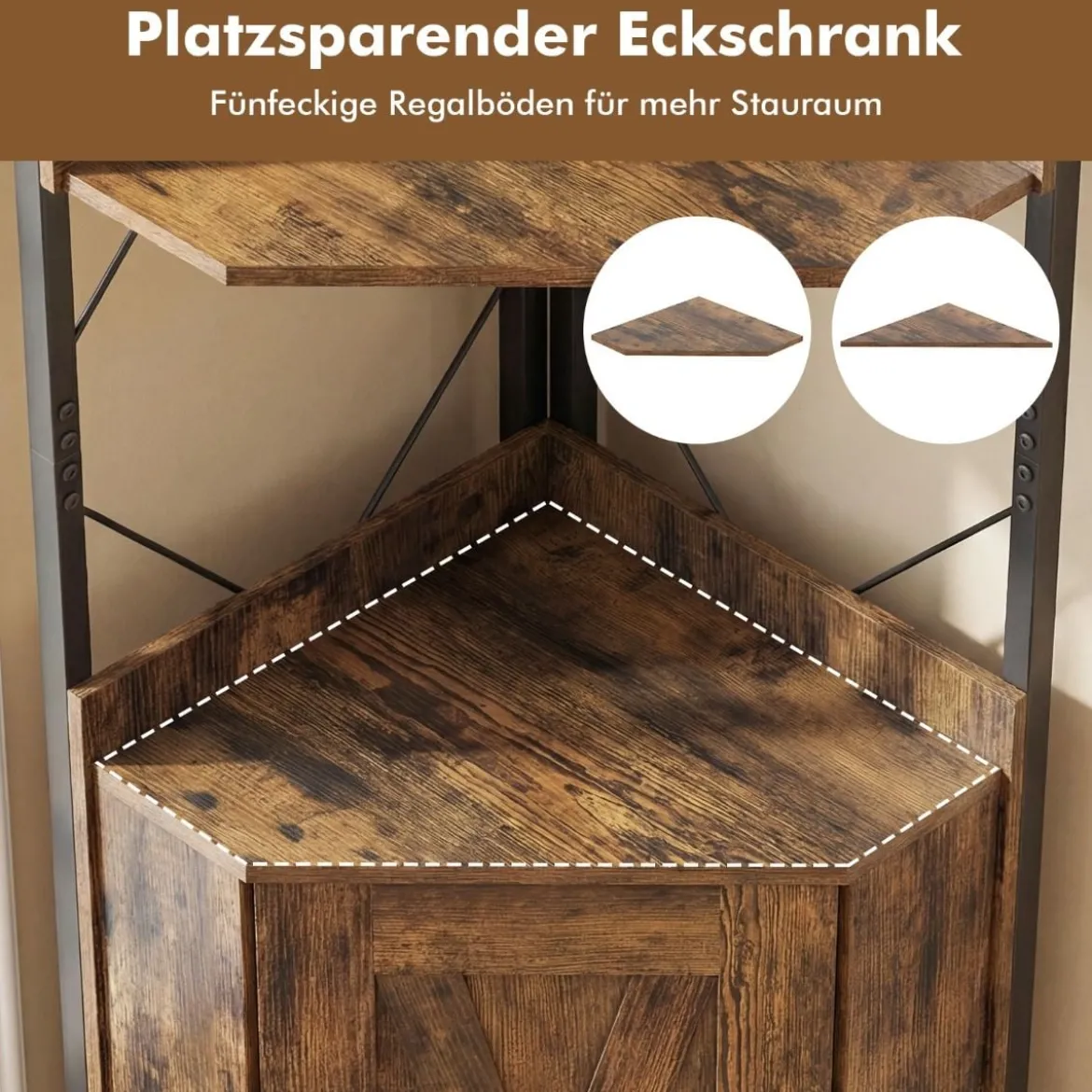 Eckregal mit Stauraum 180 cm hohes Eckschrank mit Absturzsicherungen 5-stöckiges Bücherregal Rustikales Braun