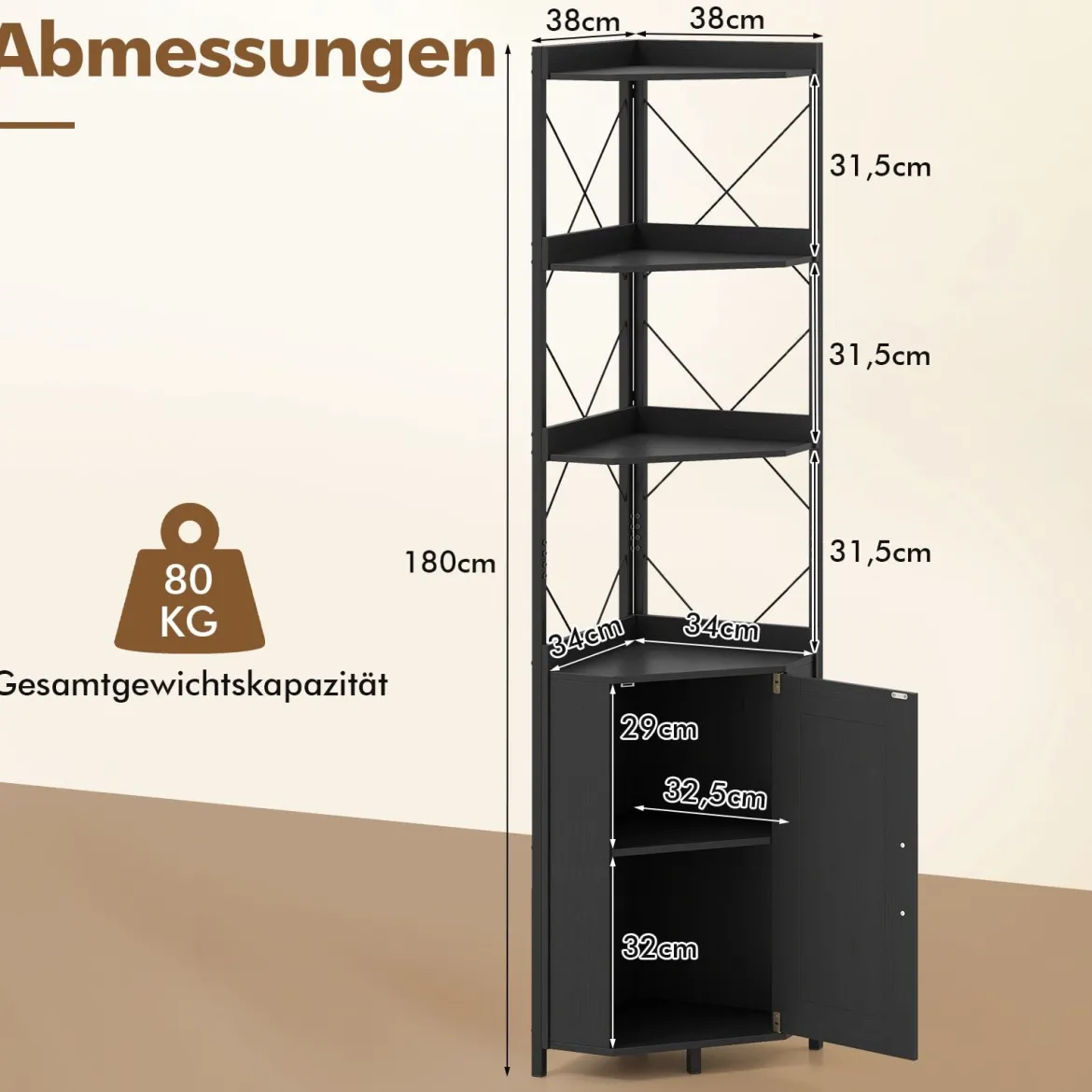 Eckregal mit Stauraum 180 cm hohes Eckschrank mit Absturzsicherungen 5-stöckiges freistehendes Bücherregal Schwarz