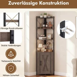 Eckregal mit Stauraum 180 cm Hohes Eckschrank mit Absturzsicherungen 5-stöckiges Freistehendes Bücherregal Grau