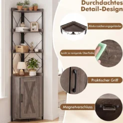 Eckregal mit Stauraum 180 cm Hohes Eckschrank mit Absturzsicherungen 5-stöckiges Freistehendes Bücherregal Grau