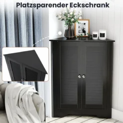 Eckschrank mit Lamellentür & Höhenverstellbarem Regal Platzsparend Badezimmerschrank Schwarz