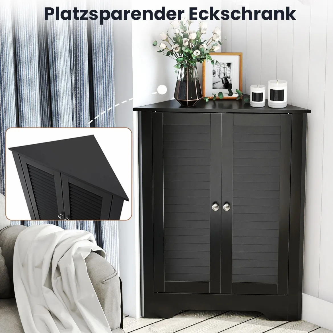Eckschrank mit Lamellentür & Höhenverstellbarem Regal Platzsparend Badezimmerschrank Schwarz