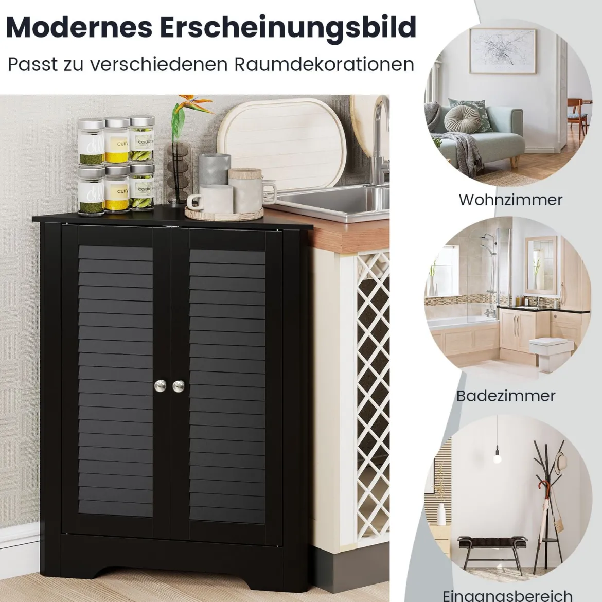Eckschrank mit Lamellentür & Höhenverstellbarem Regal Platzsparend Badezimmerschrank Schwarz