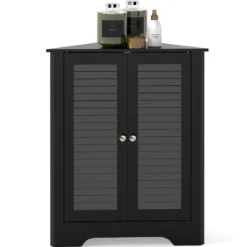 Eckschrank mit Lamellentür & Höhenverstellbarem Regal Platzsparend Badezimmerschrank Schwarz