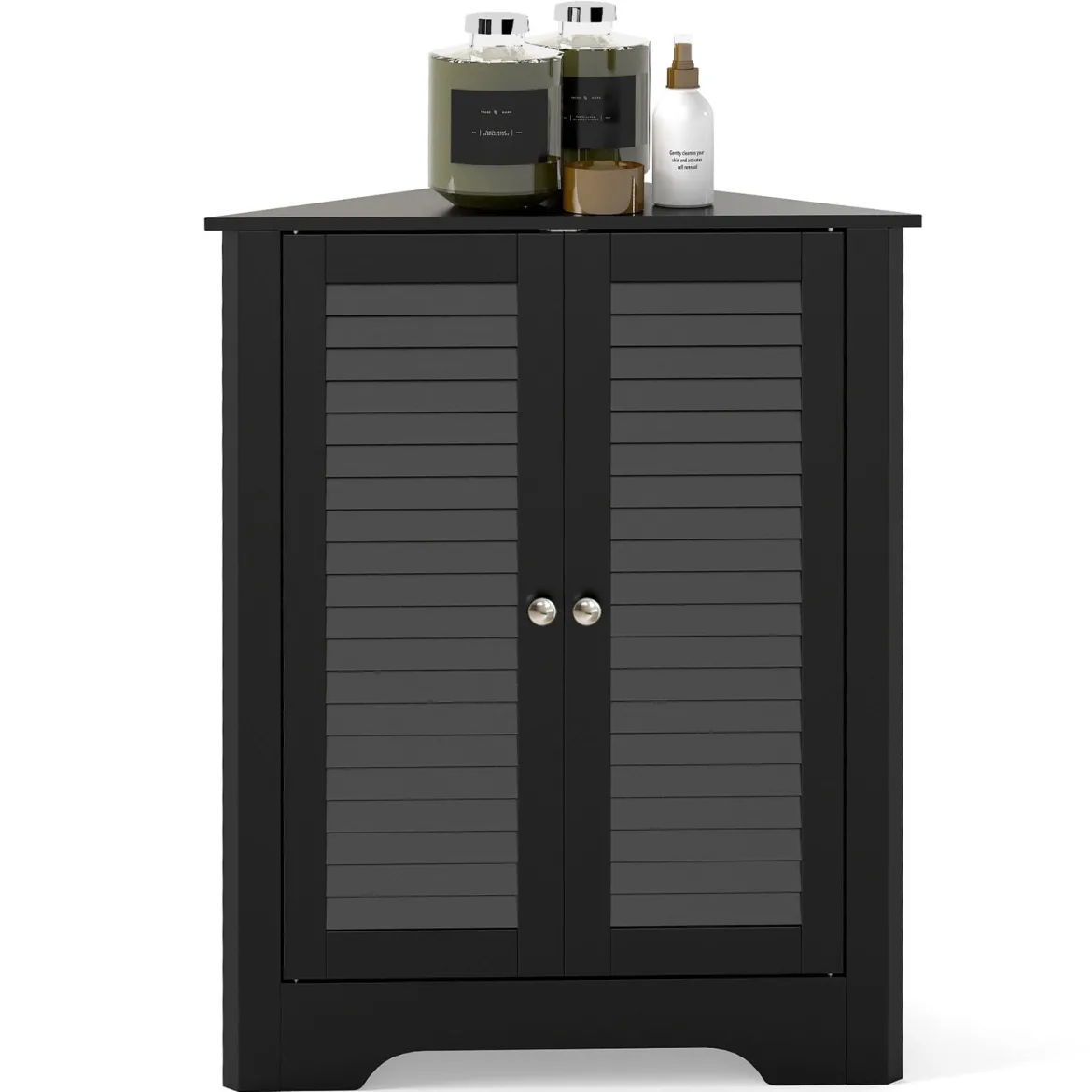 Eckschrank mit Lamellentür & Höhenverstellbarem Regal Platzsparend Badezimmerschrank Schwarz