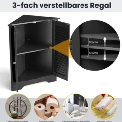 Eckschrank mit Lamellentür & Höhenverstellbarem Regal Platzsparend Badezimmerschrank Schwarz