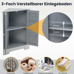 Eckschrank mit Lamellentür & Höhenverstellbarem Regal Platzsparend Badezimmerschrank Grau