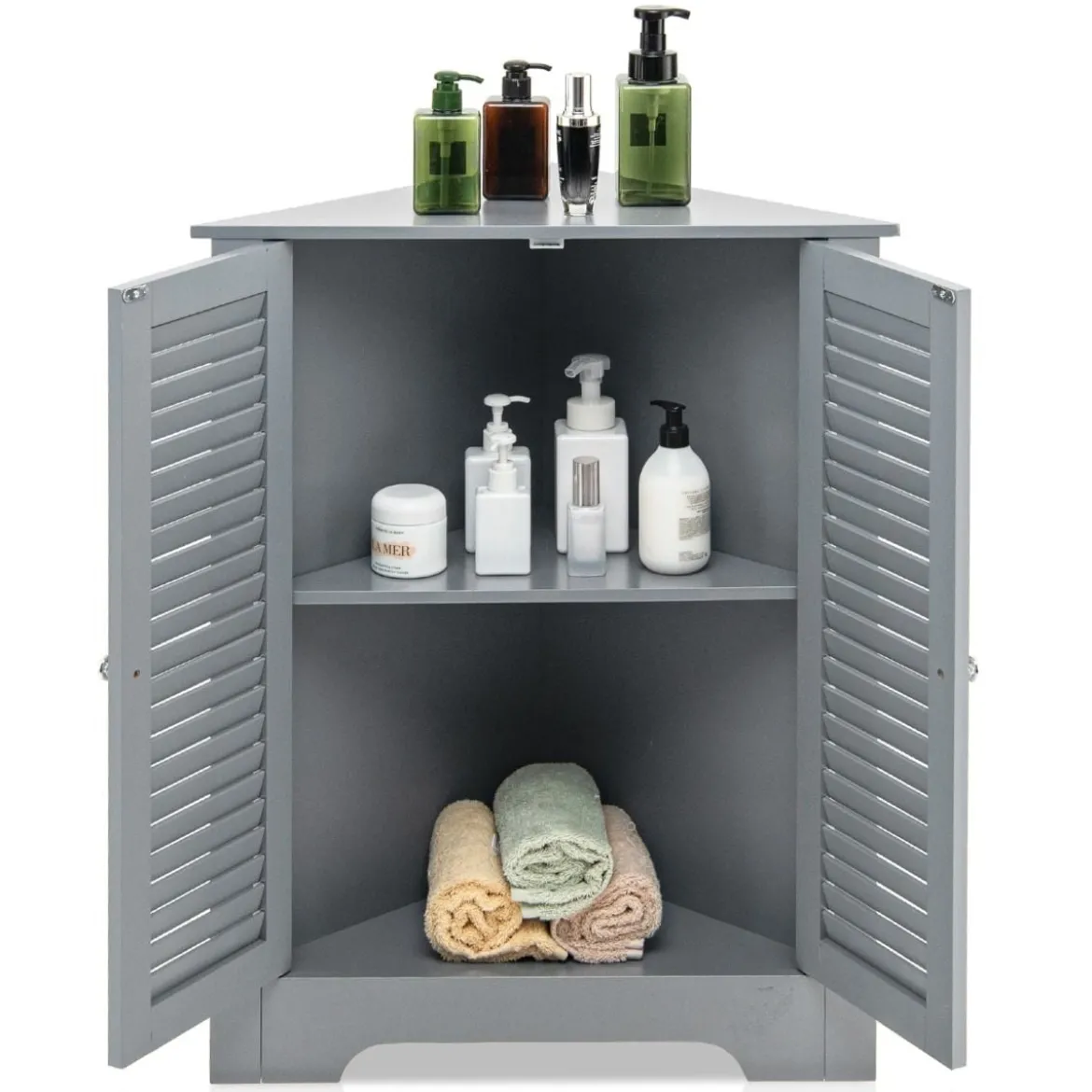 Eckschrank mit Lamellentür & Höhenverstellbarem Regal Platzsparend Badezimmerschrank Grau