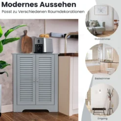 Eckschrank mit Lamellentür & Höhenverstellbarem Regal Platzsparend Badezimmerschrank Grau