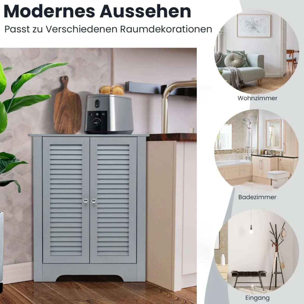 Eckschrank mit Lamellentür & Höhenverstellbarem Regal Platzsparend Badezimmerschrank Grau