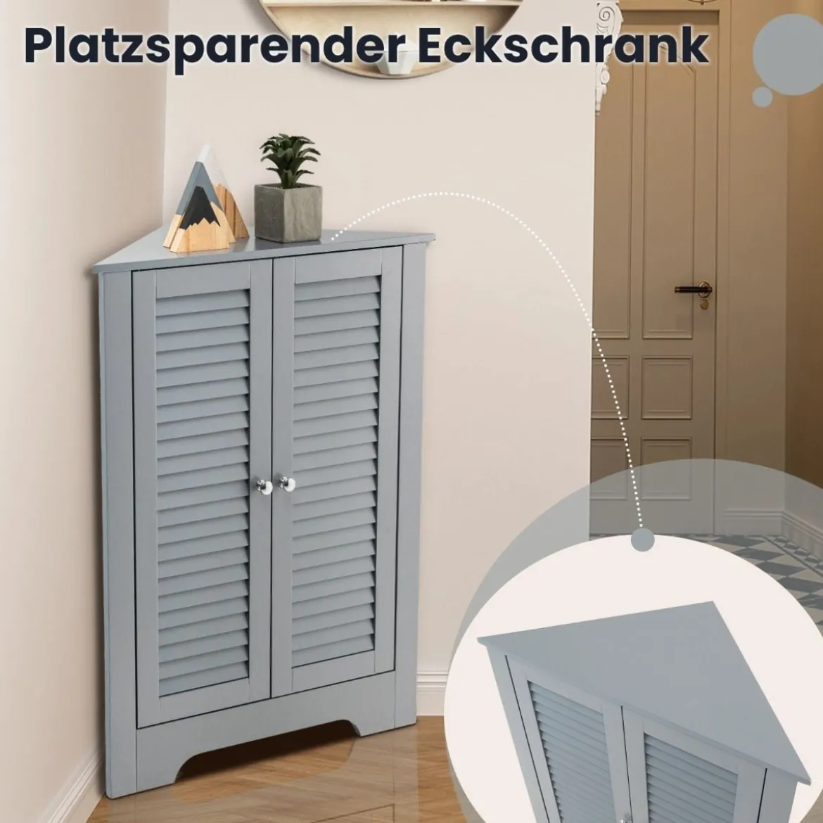 Eckschrank mit Lamellentür & Höhenverstellbarem Regal Platzsparend Badezimmerschrank Grau