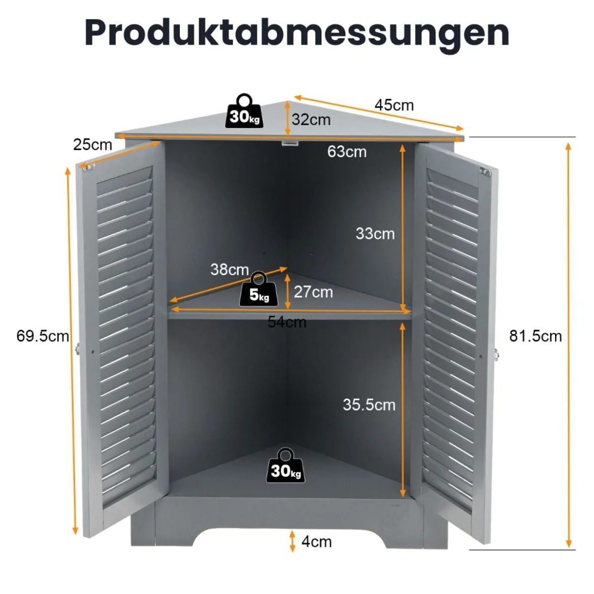 Eckschrank mit Lamellentür & Höhenverstellbarem Regal Platzsparend Badezimmerschrank Grau