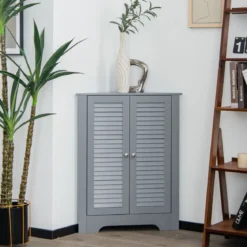 Eckschrank mit Lamellentür & Höhenverstellbarem Regal Platzsparend Badezimmerschrank Grau