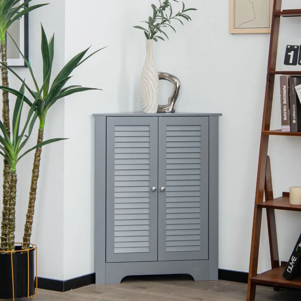 Eckschrank mit Lamellentür & Höhenverstellbarem Regal Platzsparend Badezimmerschrank Grau