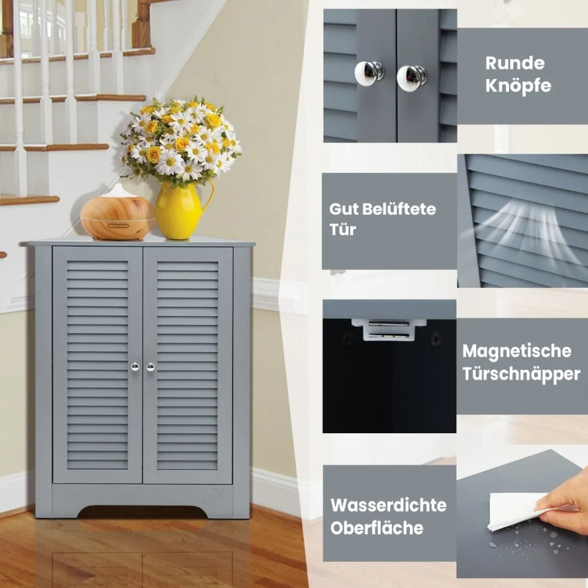 Eckschrank mit Lamellentür & Höhenverstellbarem Regal Platzsparend Badezimmerschrank Grau