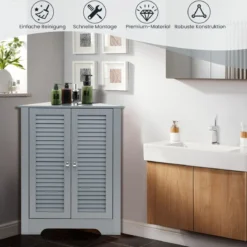 Eckschrank mit Lamellentür & Höhenverstellbarem Regal Platzsparend Badezimmerschrank Grau