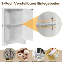Eckschrank mit Lamellentür & Höhenverstellbarem Regal Platzsparend Badezimmerschrank Weiß