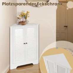 Eckschrank mit Lamellentür & Höhenverstellbarem Regal Platzsparend Badezimmerschrank Weiß