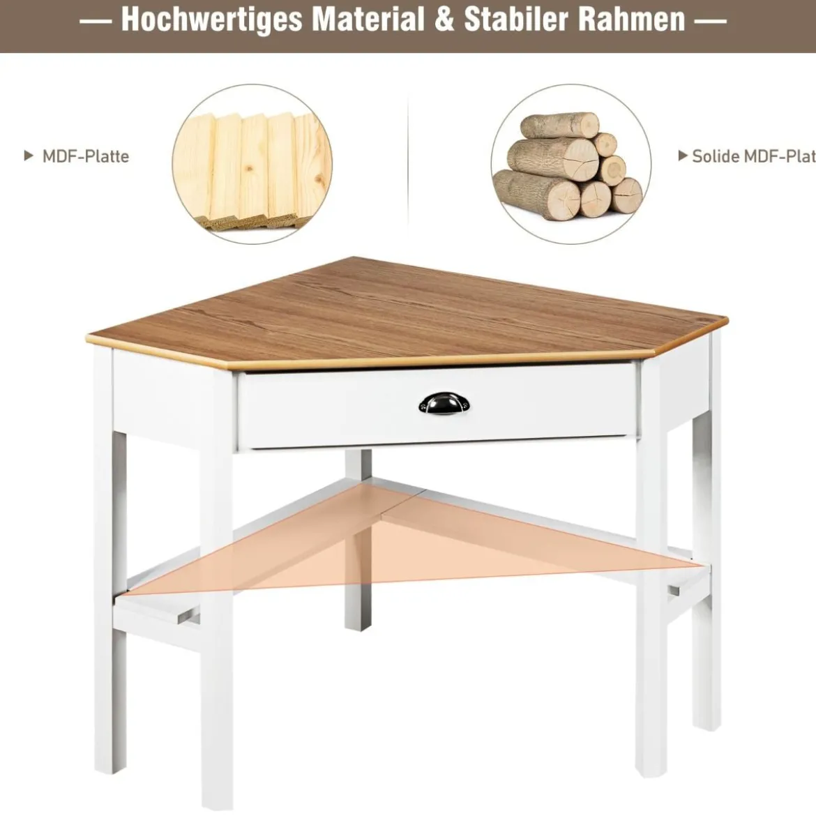 Eckschreibtisch aus Holz Kompakter Schreibtisch mit Schublade & Regalen 75 x 75 x 76 cm Natur + Weiß
