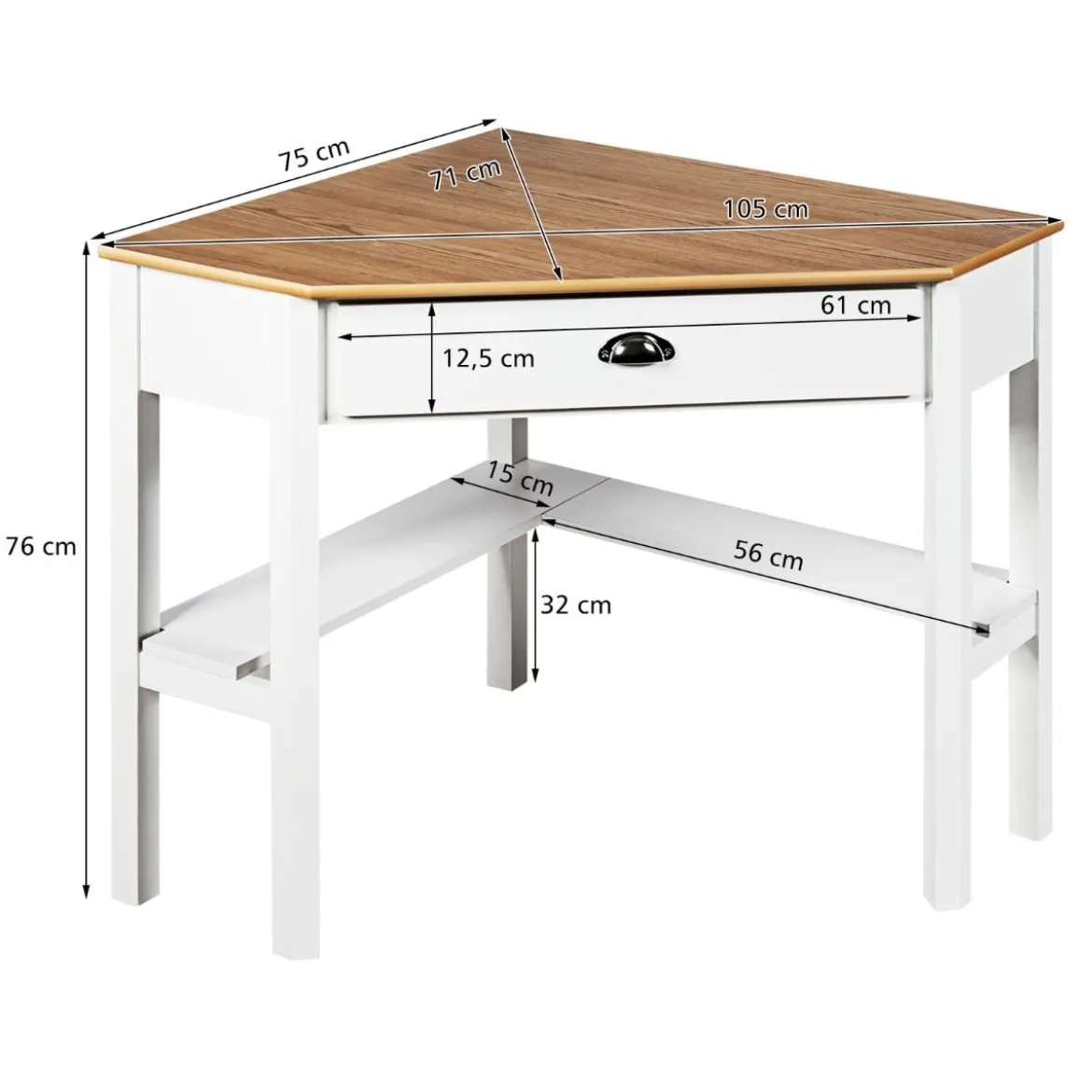 Eckschreibtisch aus Holz Kompakter Schreibtisch mit Schublade & Regalen 75 x 75 x 76 cm Natur + Weiß