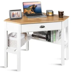 Eckschreibtisch aus Holz Kompakter Schreibtisch mit Schublade & Regalen 75 x 75 x 76 cm Natur + Weiß