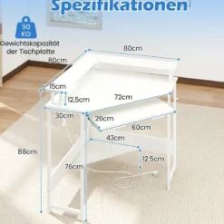 Eckschreibtisch mit Ladestation & LED & Tastaturablage & Monitorständer Gamingtisch Weiß