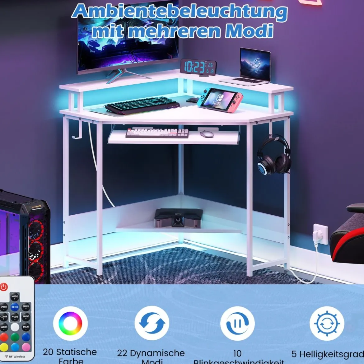 Eckschreibtisch mit Ladestation & LED & Tastaturablage & Monitorständer Gamingtisch Weiß