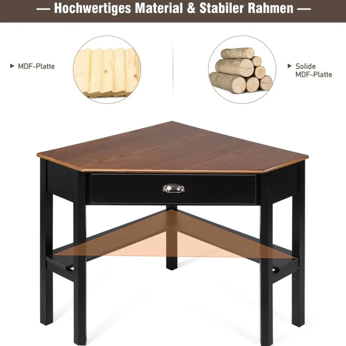 Eckschreibtisch mit Schublade & 2 Ablagen Holz-Eckschreibtisch 75 x 75 x 76 cm Braun + Schwarz