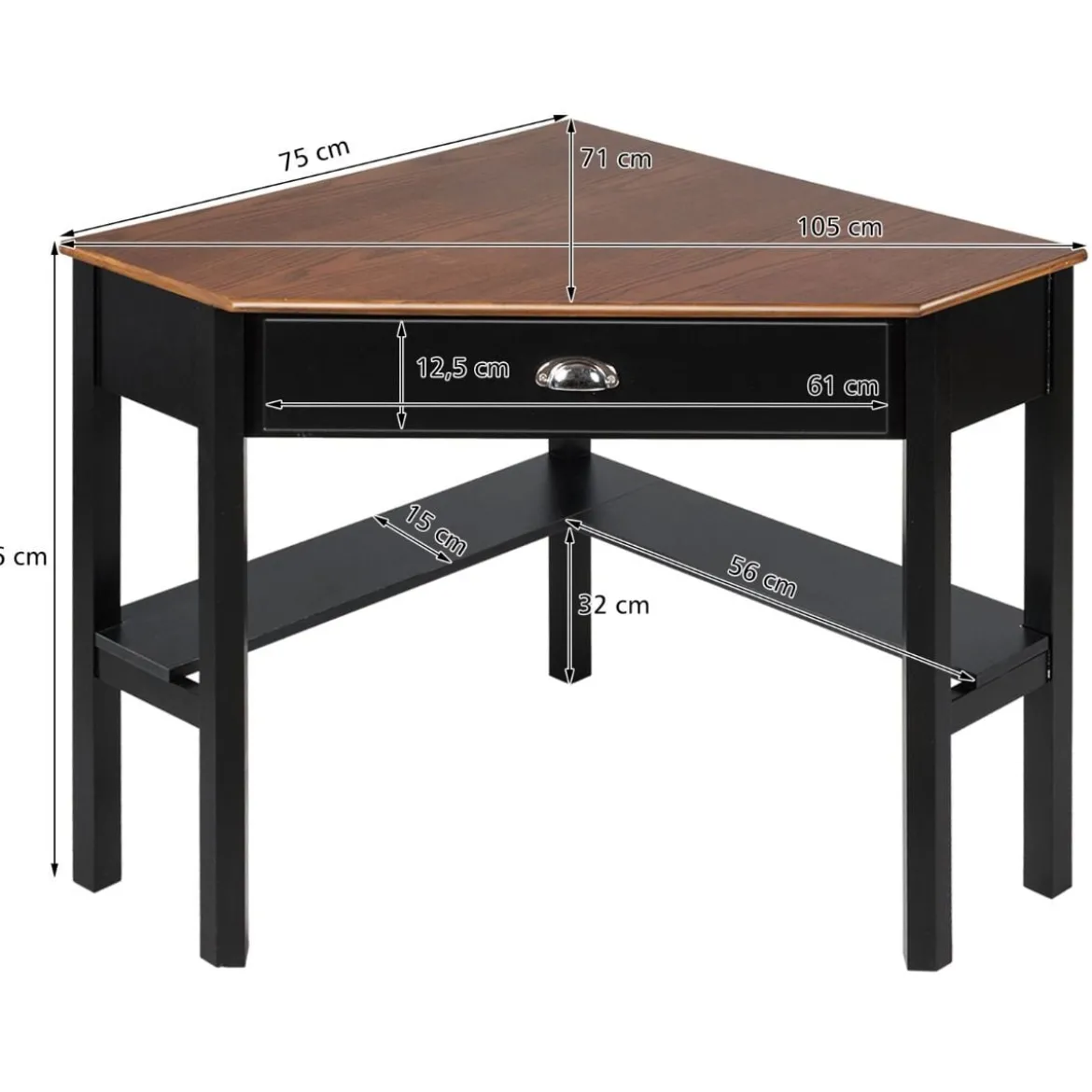 Eckschreibtisch mit Schublade & 2 Ablagen Holz-Eckschreibtisch 75 x 75 x 76 cm Braun + Schwarz