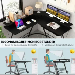 Eckschreibtisch mit Steckdose & USB-Ladeanschluss & Monitorständer Schwarz
