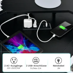 Eckschreibtisch mit Steckdose & USB-Ladeanschluss & Monitorständer Schwarz