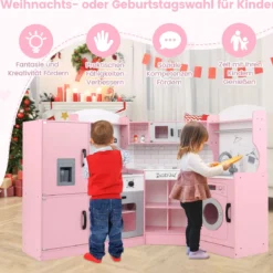 Eckspielküche Küchen-Spielset mit Dunstabzugshaube Eismaschine Mikrowelle Backofen Waschmaschine Rosa