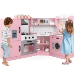 Eckspielküche Küchen-Spielset mit Dunstabzugshaube Eismaschine Mikrowelle Backofen Waschmaschine Rosa