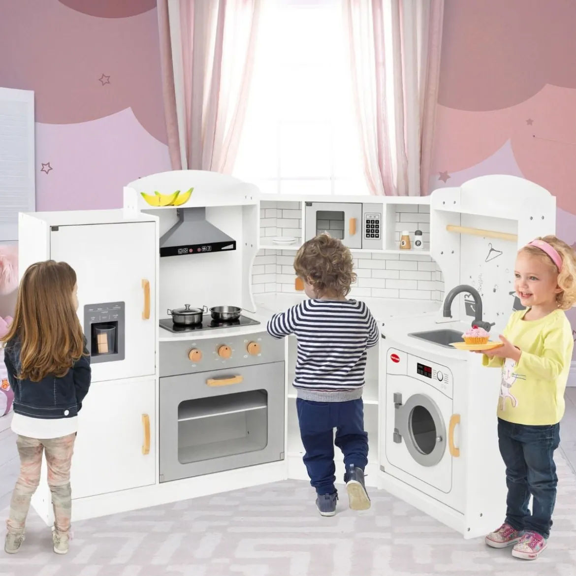 Eck Spielküche mit Licht & Sound & Spüle & Eismaschine & Backofen & Kinderküche Weiß