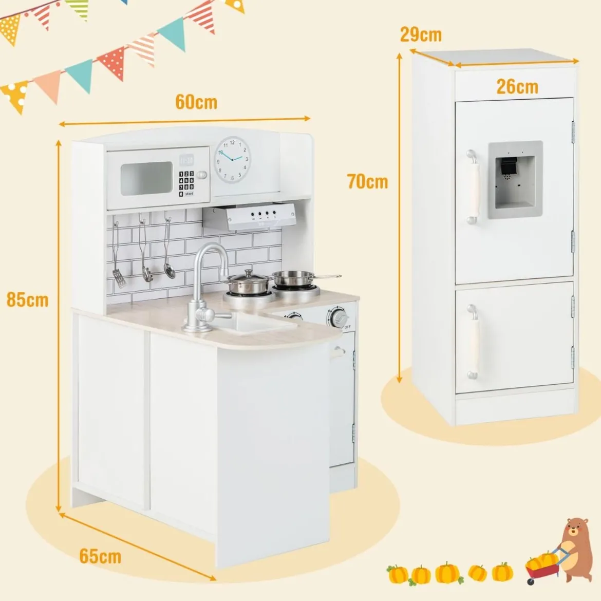 Eck Spielküche mit Separatem Kühlschrank & Sound & Spielzubehör Kinderküche Weiß
