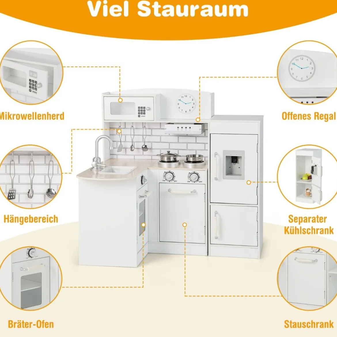 Eck Spielküche mit Separatem Kühlschrank & Sound & Spielzubehör Kinderküche Weiß