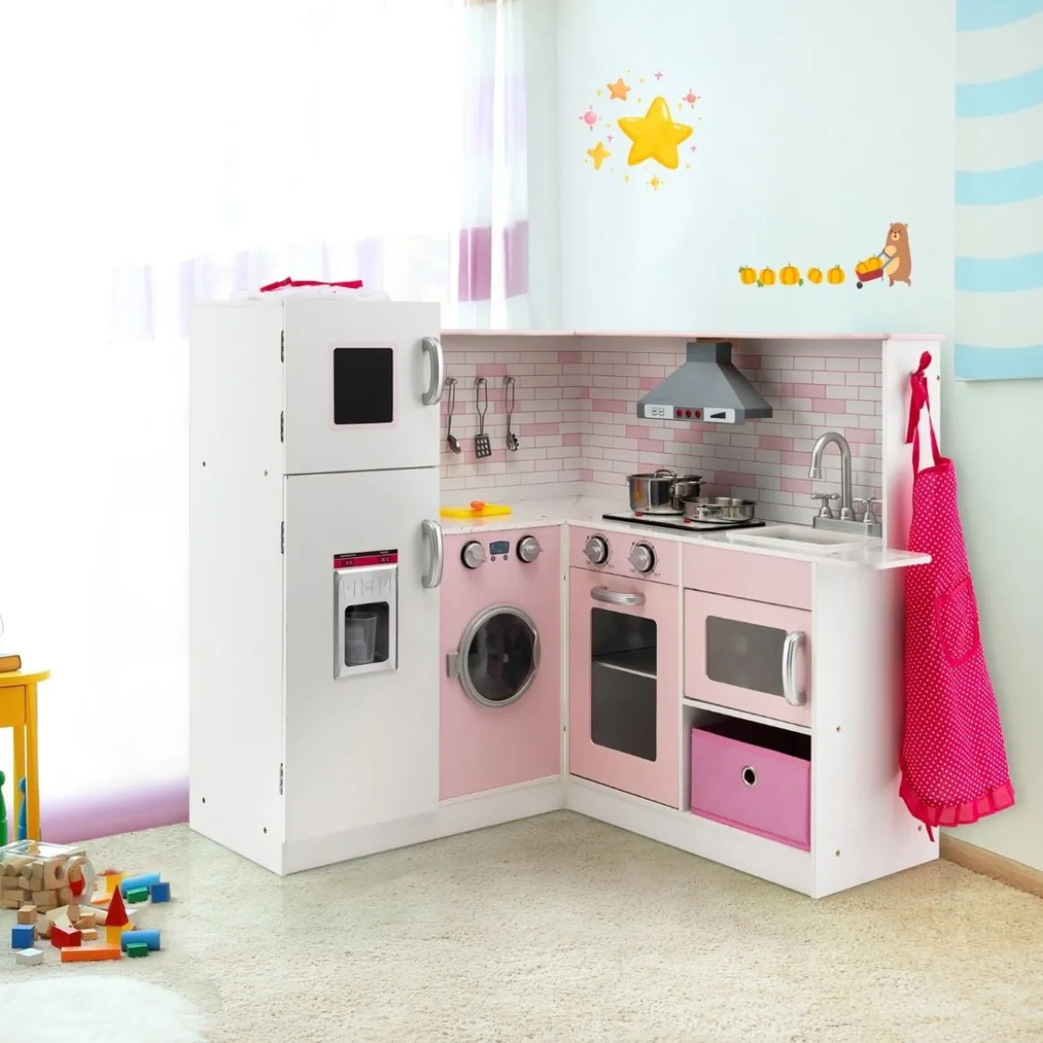 Eck Spielküche mit Sound und Licht Kinderküche aus Holz inkl. Schürze und Spielzubehör 85 x 84 x 85 cm Weiß + Rosa