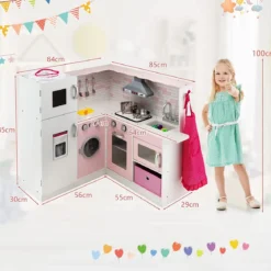 Eck Spielküche mit Sound und Licht Kinderküche aus Holz inkl. Schürze und Spielzubehör 85 x 84 x 85 cm Weiß + Rosa