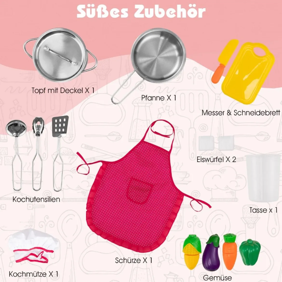 Eck Spielküche mit Sound und Licht Kinderküche aus Holz inkl. Schürze und Spielzubehör 85 x 84 x 85 cm Weiß + Rosa