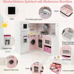 Eck Spielküche mit Sound und Licht Kinderküche aus Holz inkl. Schürze und Spielzubehör 85 x 84 x 85 cm Weiß + Rosa