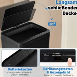 Edelstahl-Mülleimer 50 L Automatischer Bewegungssensor-Abfalleimer mit offener Deckel 33,5 x 26 x 83,5 cm Schwarz