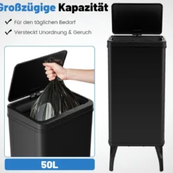 Edelstahl-Mülleimer 50 L Automatischer Bewegungssensor-Abfalleimer mit offener Deckel 33,5 x 26 x 83,5 cm Schwarz