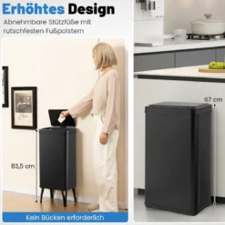 Edelstahl-Mülleimer 50 L Automatischer Bewegungssensor-Abfalleimer mit offener Deckel 33,5 x 26 x 83,5 cm Schwarz