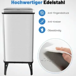 Edelstahl-Mülleimer 50 L Automatischer Bewegungssensor-Abfalleimer mit offener Deckel 33,5 x 26 x 83,5 cm Silber