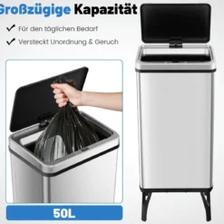 Edelstahl-Mülleimer 50 L Automatischer Bewegungssensor-Abfalleimer mit offener Deckel 33,5 x 26 x 83,5 cm Silber