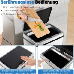 Edelstahl-Mülleimer 50 L Automatischer Bewegungssensor-Abfalleimer mit offener Deckel 33,5 x 26 x 83,5 cm Silber