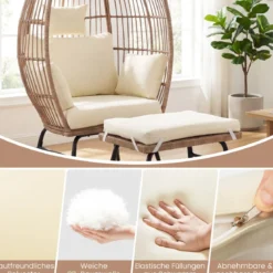 Eierstuhl Rattan mit Fußhocker Gartenliege Loungestuhl mit bequemen Kissen & Polstern Rattansessel Beige